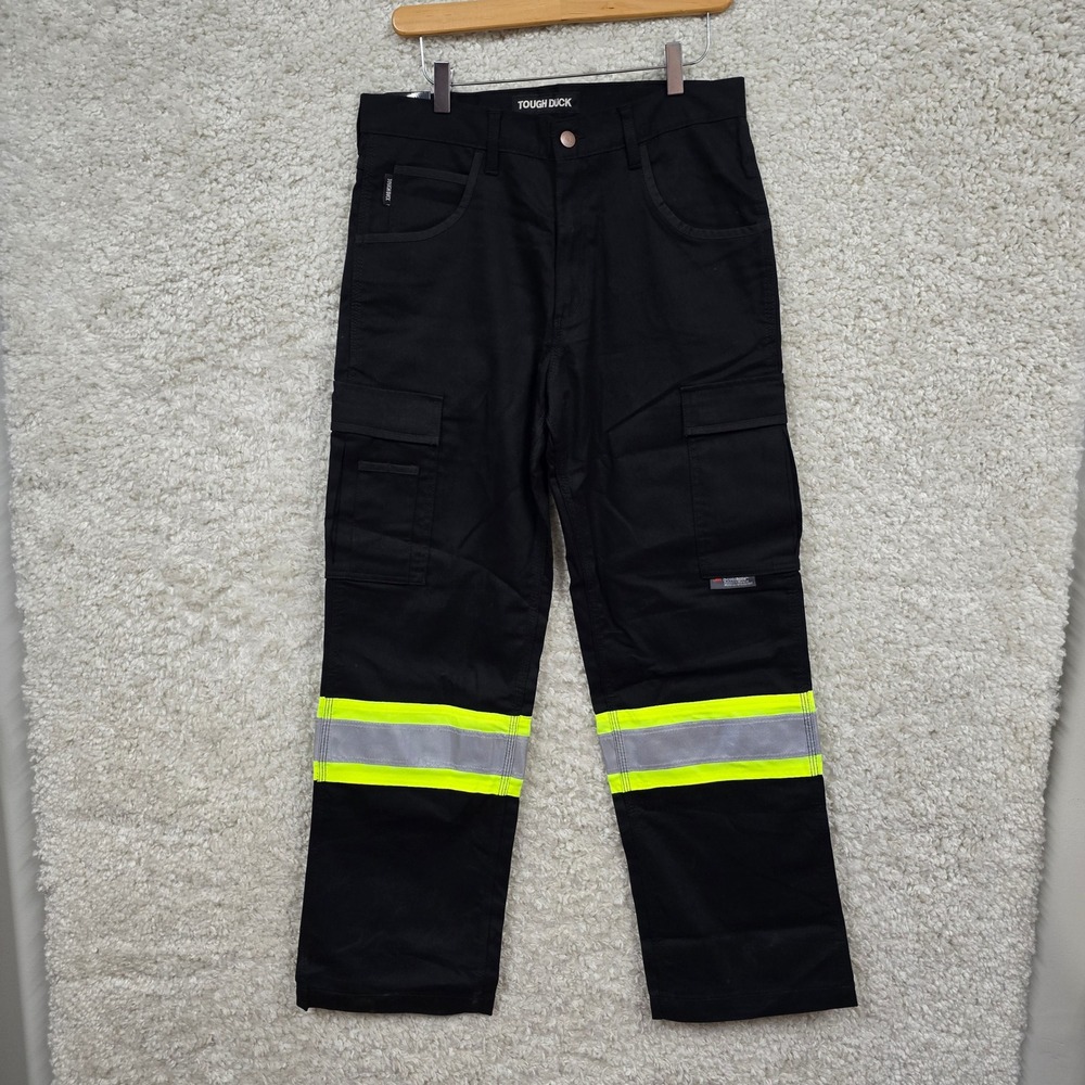 Tough Duck Reflective Cargo Work Pants Mens 32x30 Black‎ High Vis Safety Utility